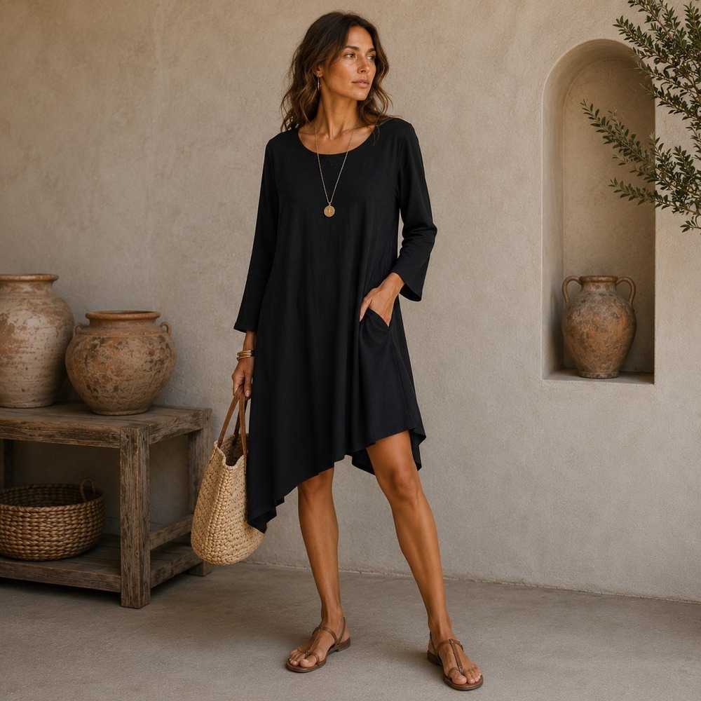 Bryn Walker Asymmetrical Tunic Dress Women's XL Black Lagenlook Artsy Minimalist